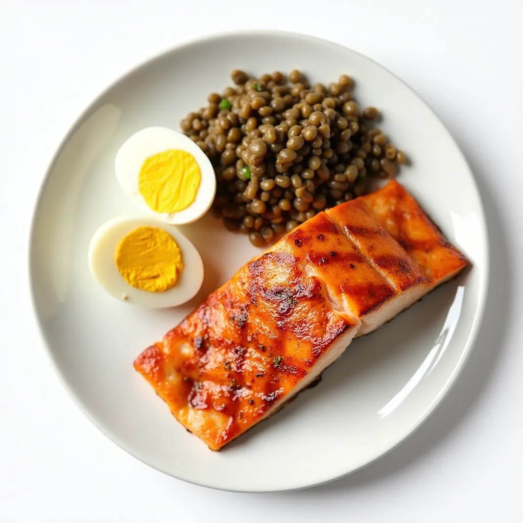 Farfurie cu somon, linte și ouă